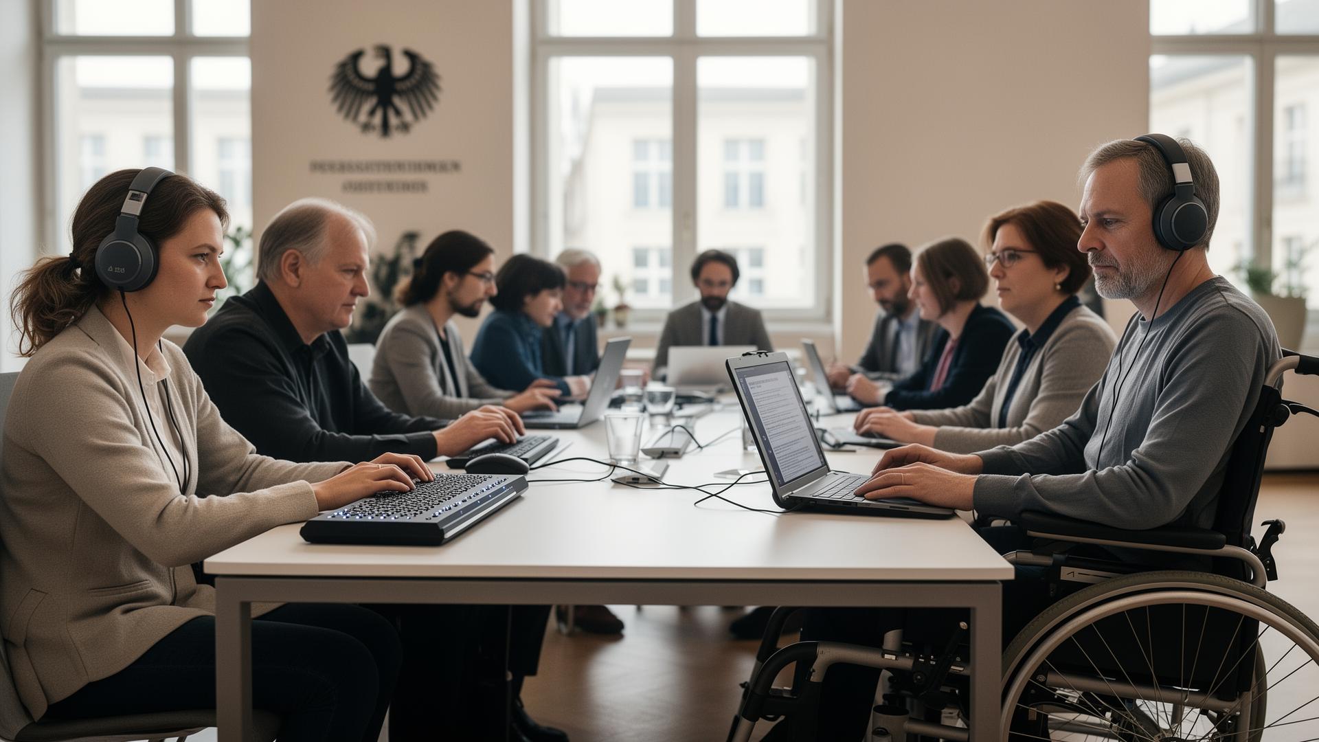 Menschen mit unterschiedlichen Bedürfnissen arbeiten an Laptops mit Braillezeile und Kopfhörern